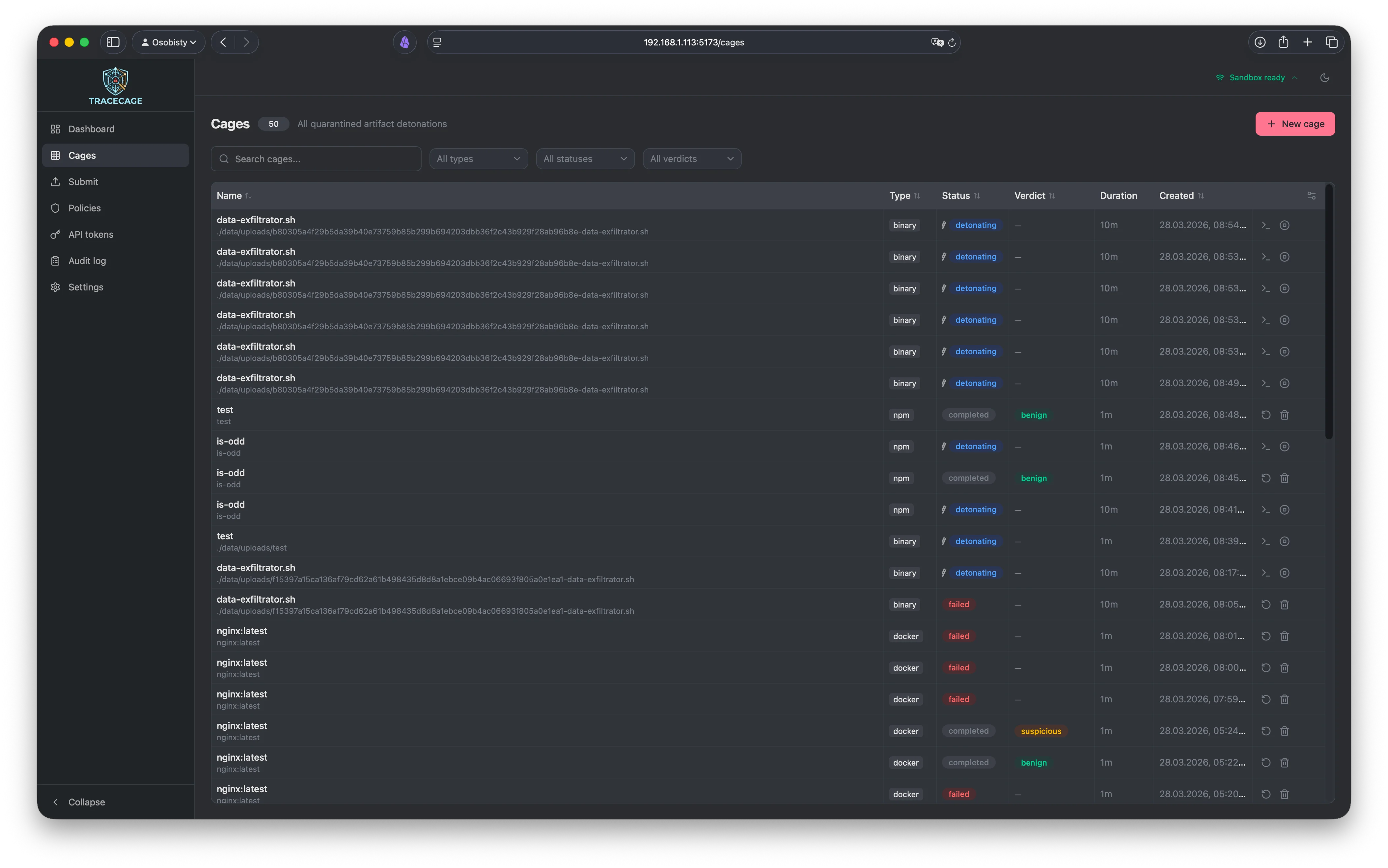 Cages list with status and verdicts