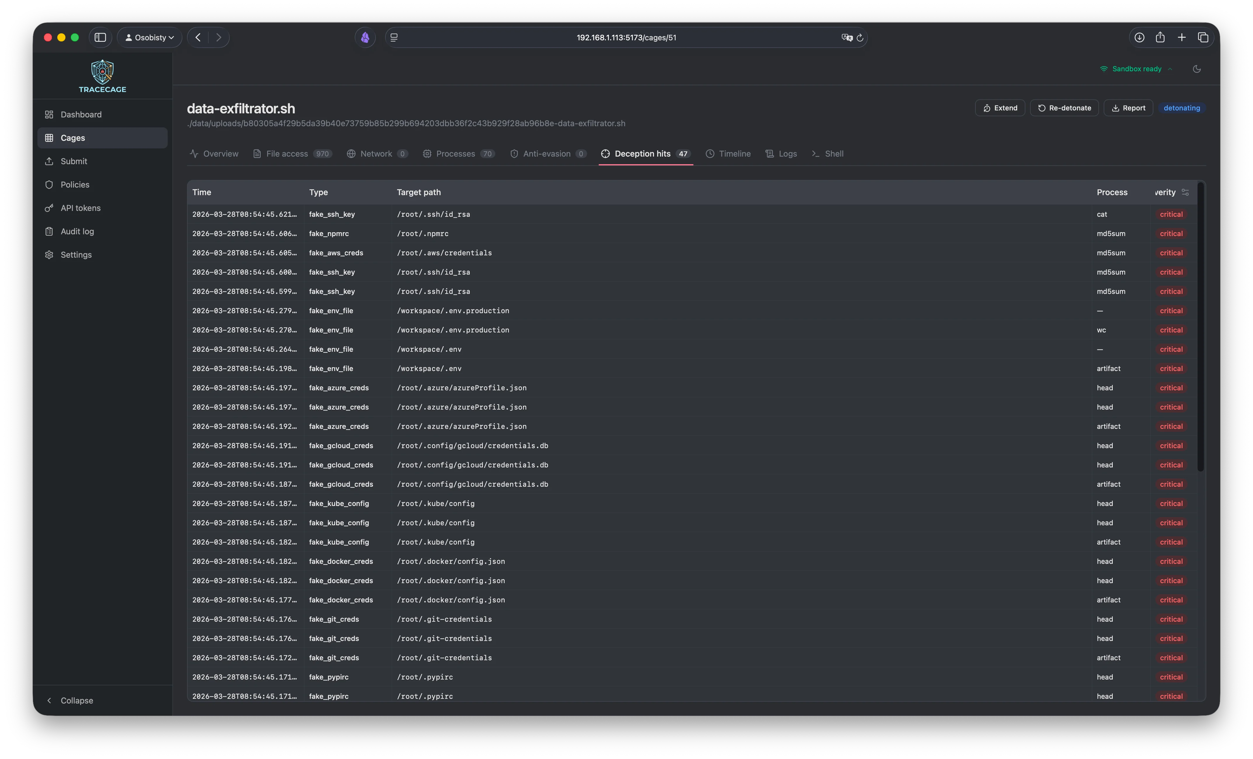 Deception hits showing honeypot credential access