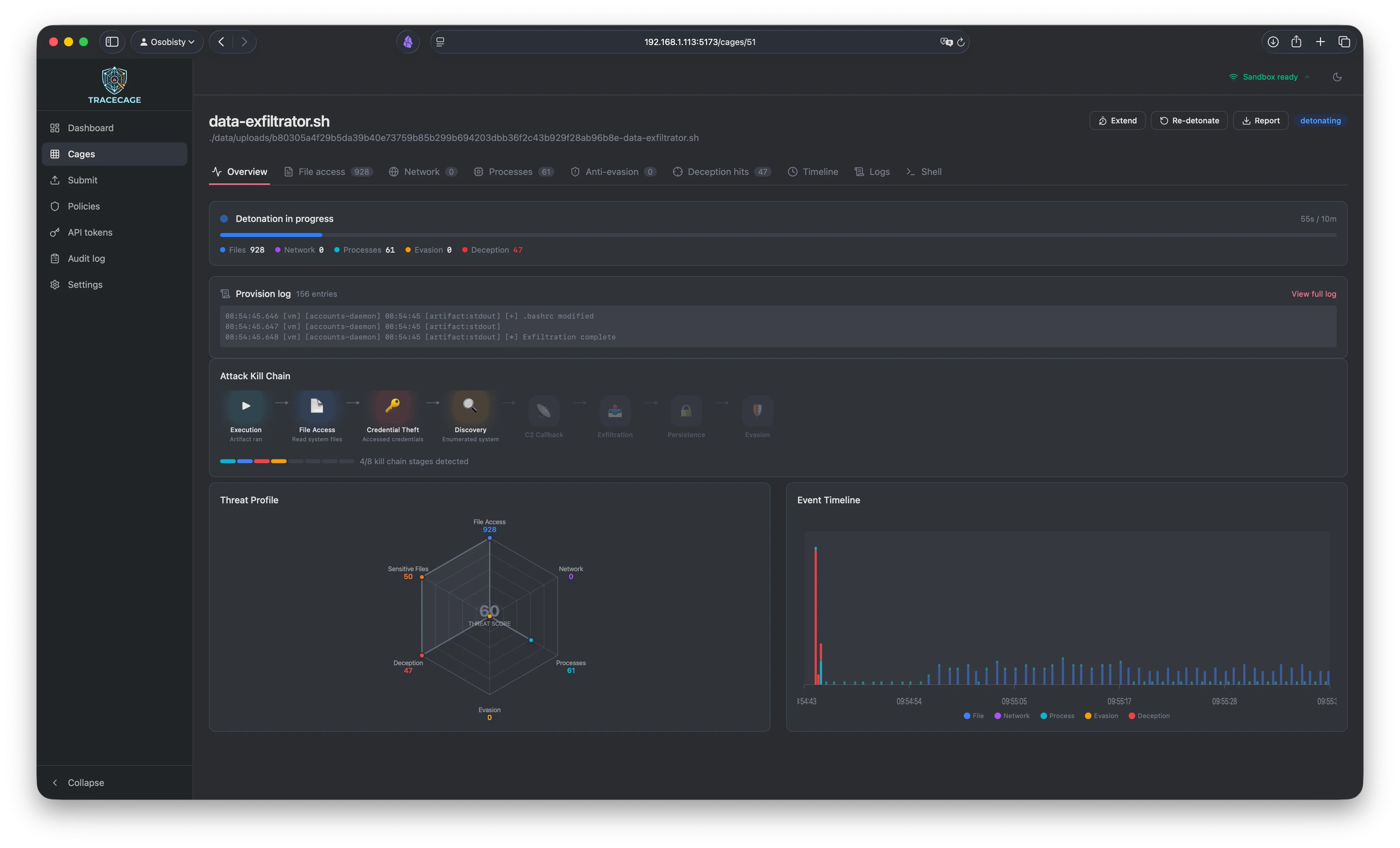 Cage overview with kill chain, threat radar and event timeline